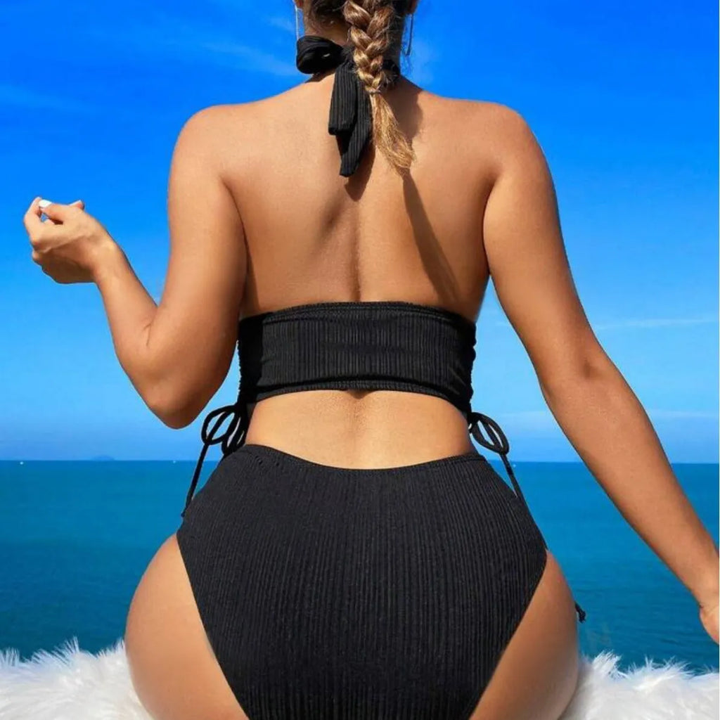 Women's black halter bikini with lace-up front detail and briefs bottoms