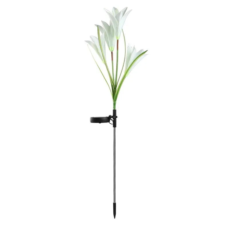 Colour LED solar-powered flower-shaped ground lamp for garden lighting.