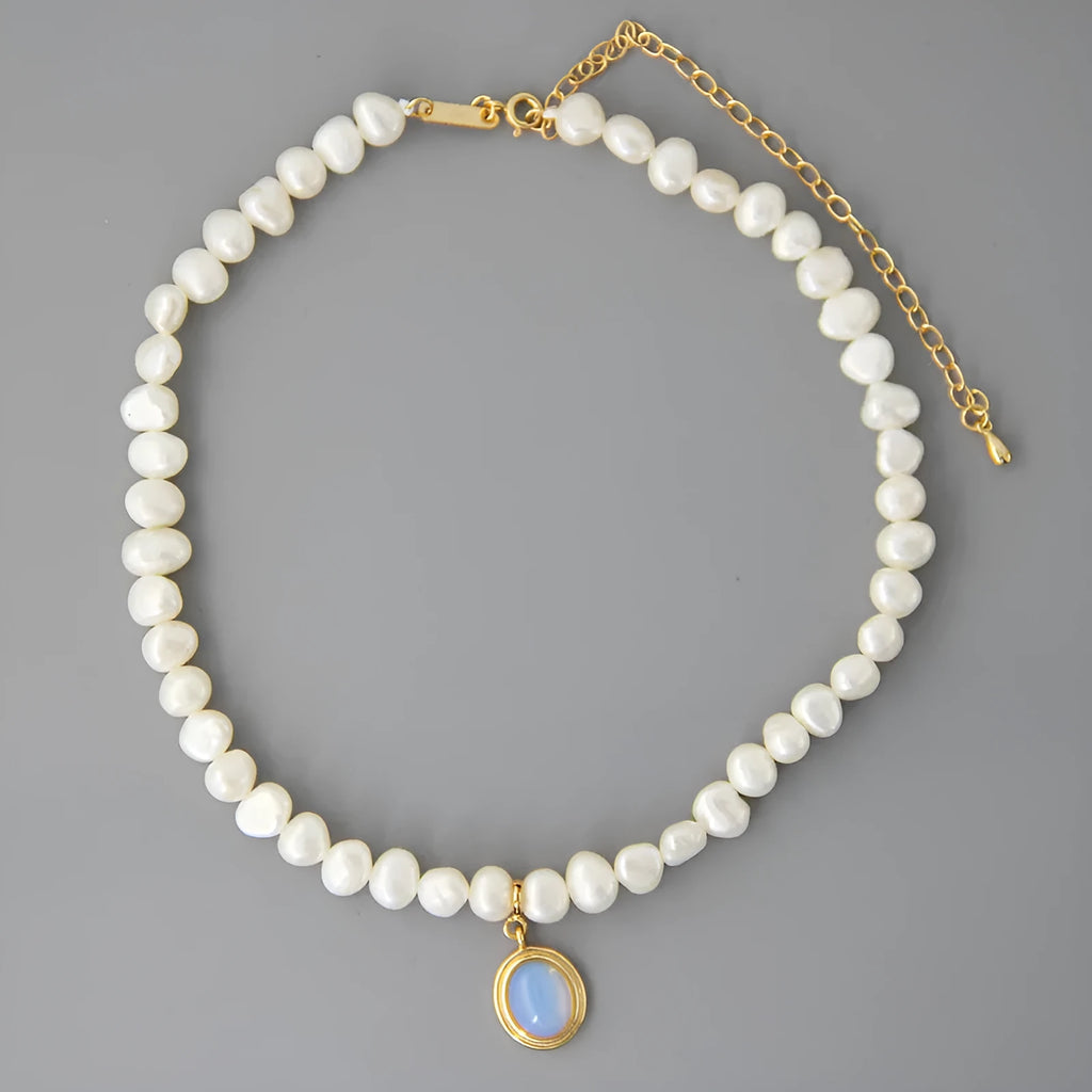 925 silver pearl necklace with irregular pendant and geometric extension chain