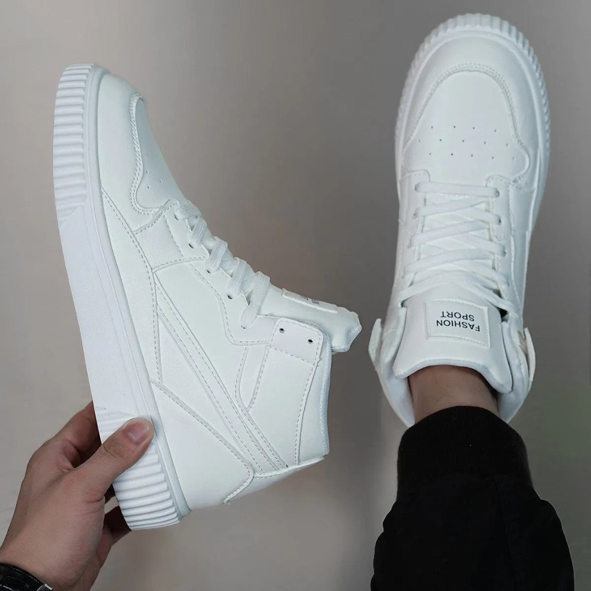 Men's solid white casual shoe with a round toe and smooth microfiber upper.