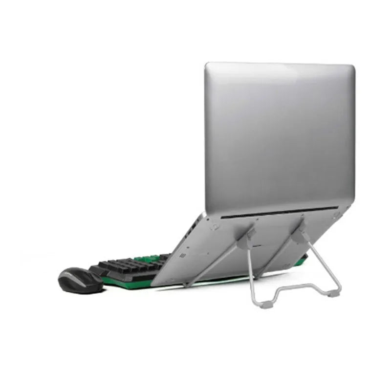 Grey aluminium alloy and plastic adjustable stand holding a mobile phone and a tablet on a desk.