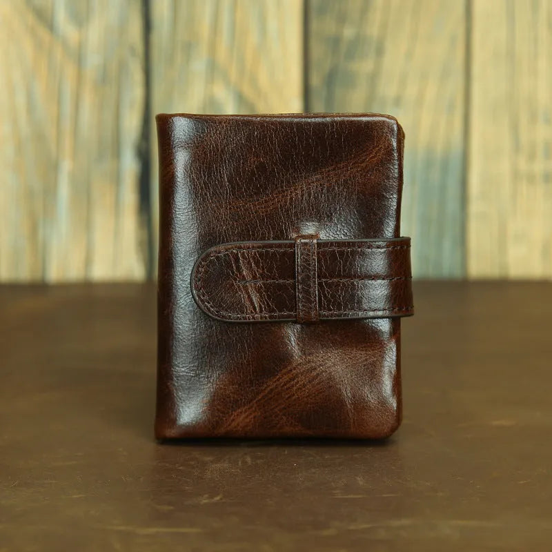 Brown genuine leather women's wallet with multiple card slots and sewing thread detail