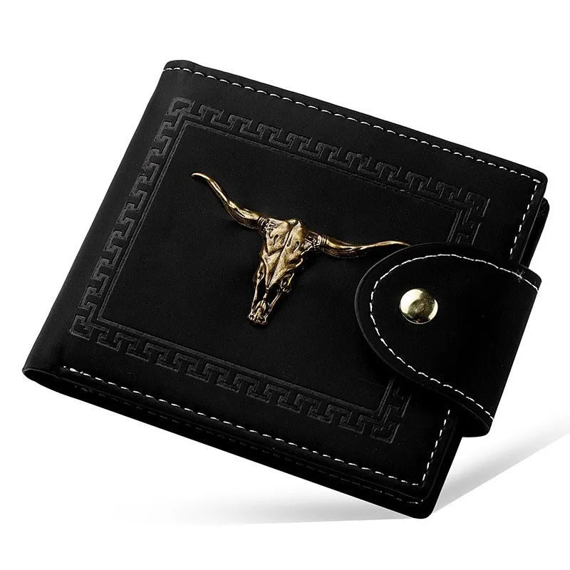 Black men's short wallet with animal pattern design showing multiple card slots and zipper closure