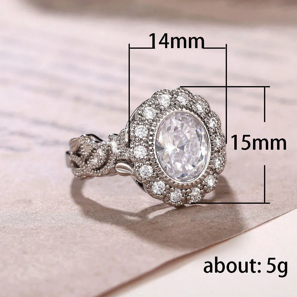 Geometry style ring with round zircon stone and diamond plating in white gold colour