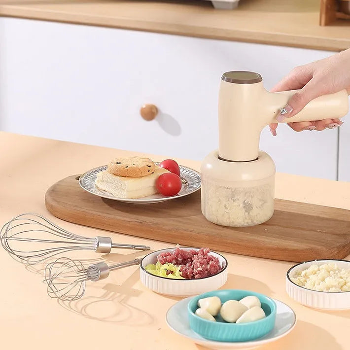 2 in 1 handheld electric garlic chopper with 304 blade, 250ml cup, USB Type-C rechargeable, khaki or beige