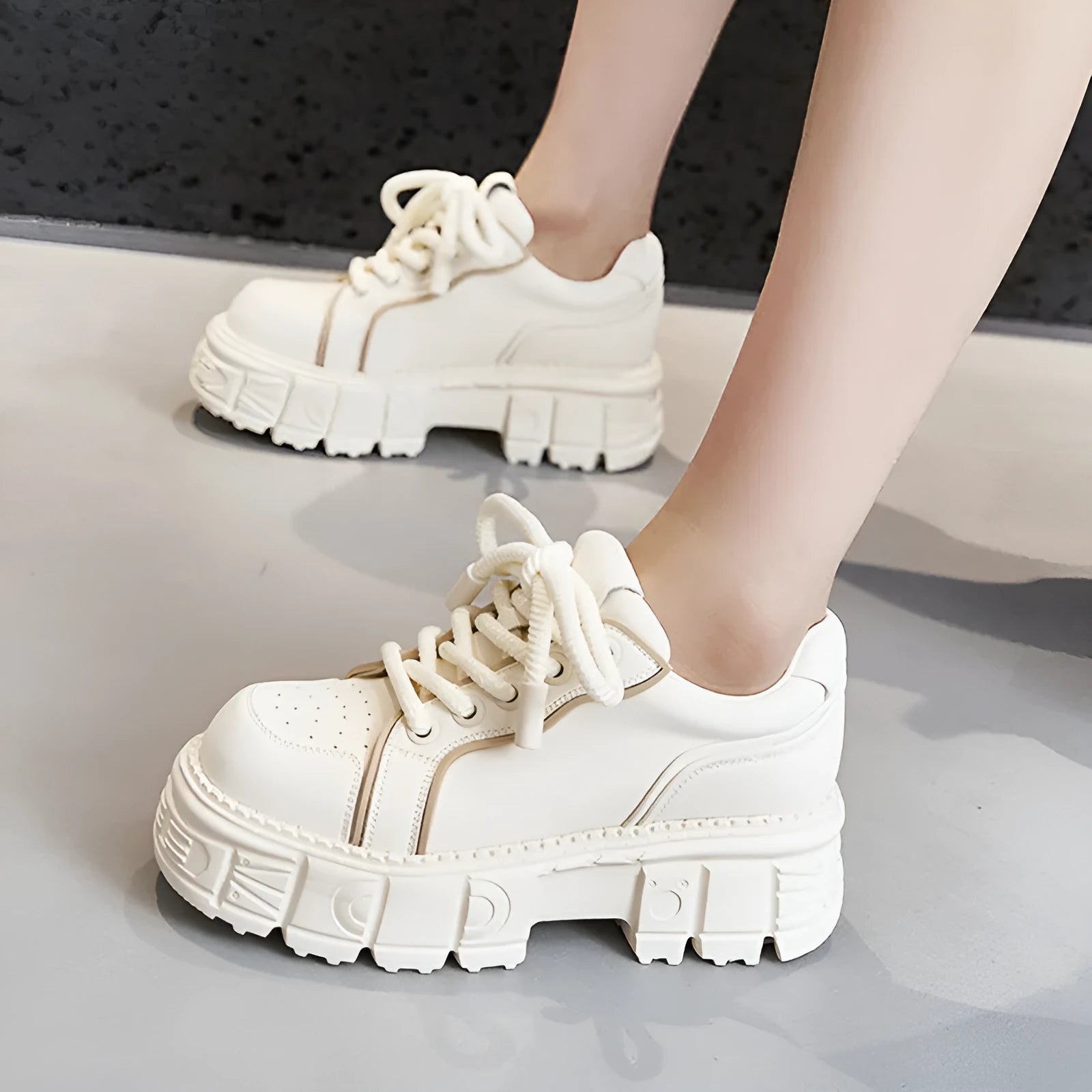 Beige or pink leather casual platform shoes with a muffin bottom rubber foam sole.