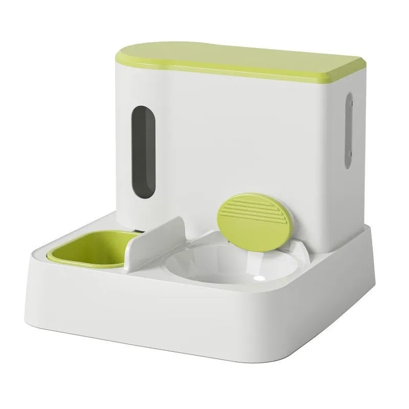Grey cat automatic pet feeder with integrated double bowl water dispenser