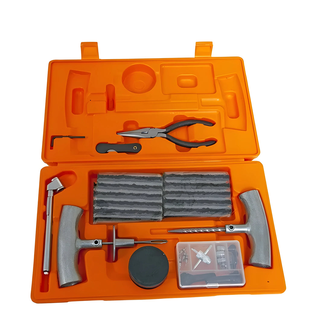 Emergency tyre repair tool kit in orange case with insertion tool, reamer, tyre gauge, and accessories.