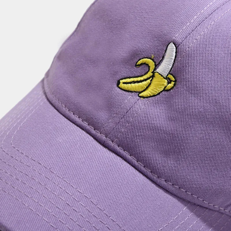 Soft top curved baseball cap with fruit banana embroidery in adjustable polyester construction