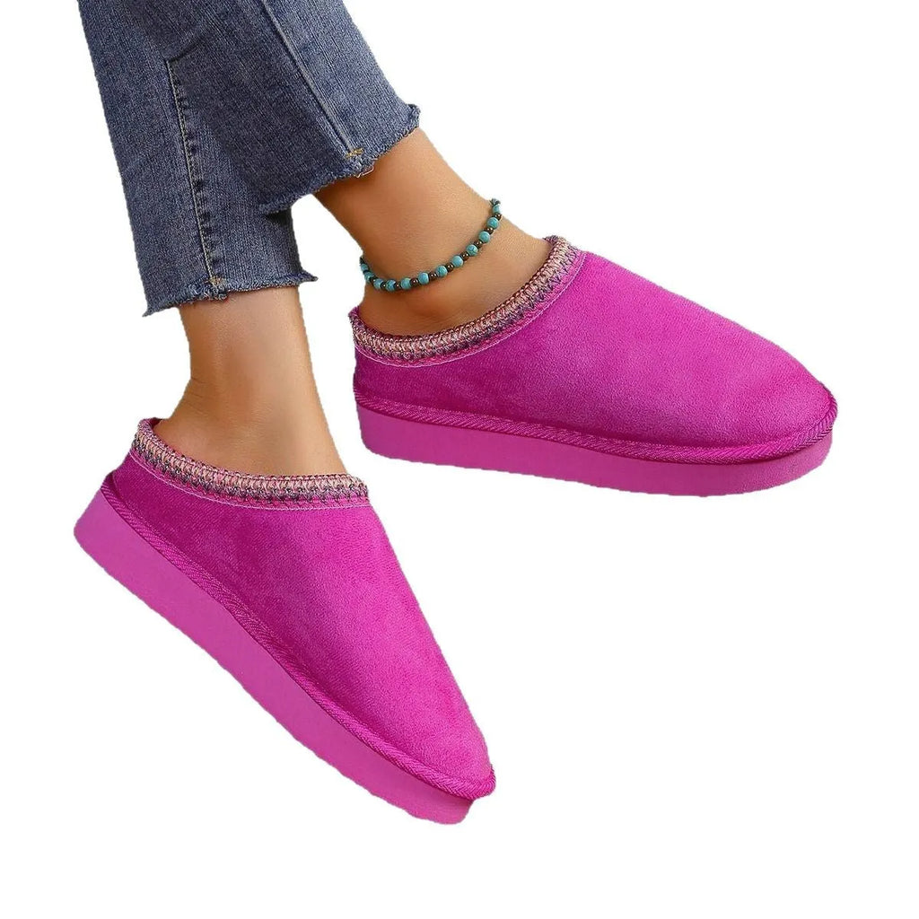 Women's warm plush indoor slippers with cashmere upper, EVA non-slip sole, 3cm flat heel, round toe, sizes 36-41