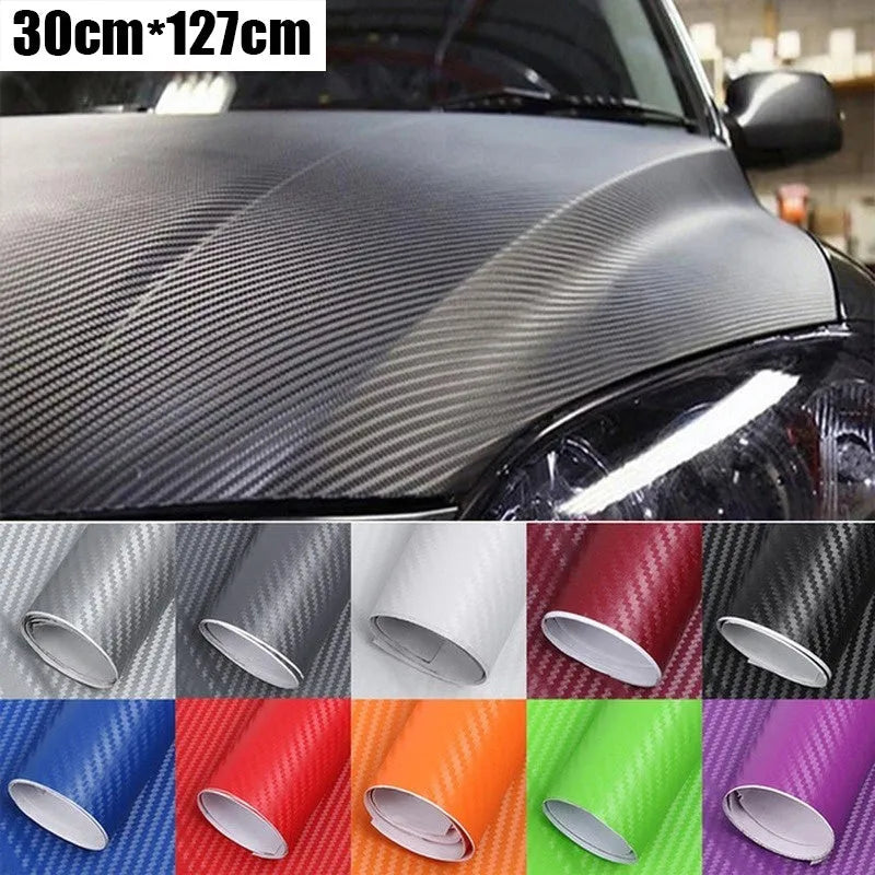 Roll of carbon fibre pattern vinyl sticker measuring 30cm wide, showing colour options for car decoration.