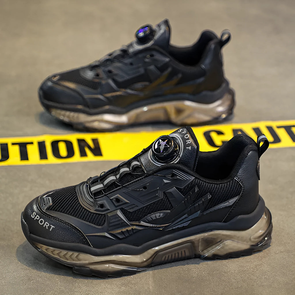 Men's black rotating button dad shoes with platform soles and mesh upper for height-increasing casual wear