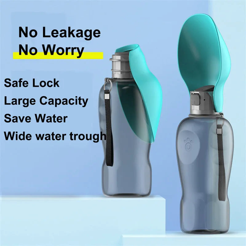 Blue-grey portable dog water bottle with foldable drinking bowl showing 800ml capacity markings