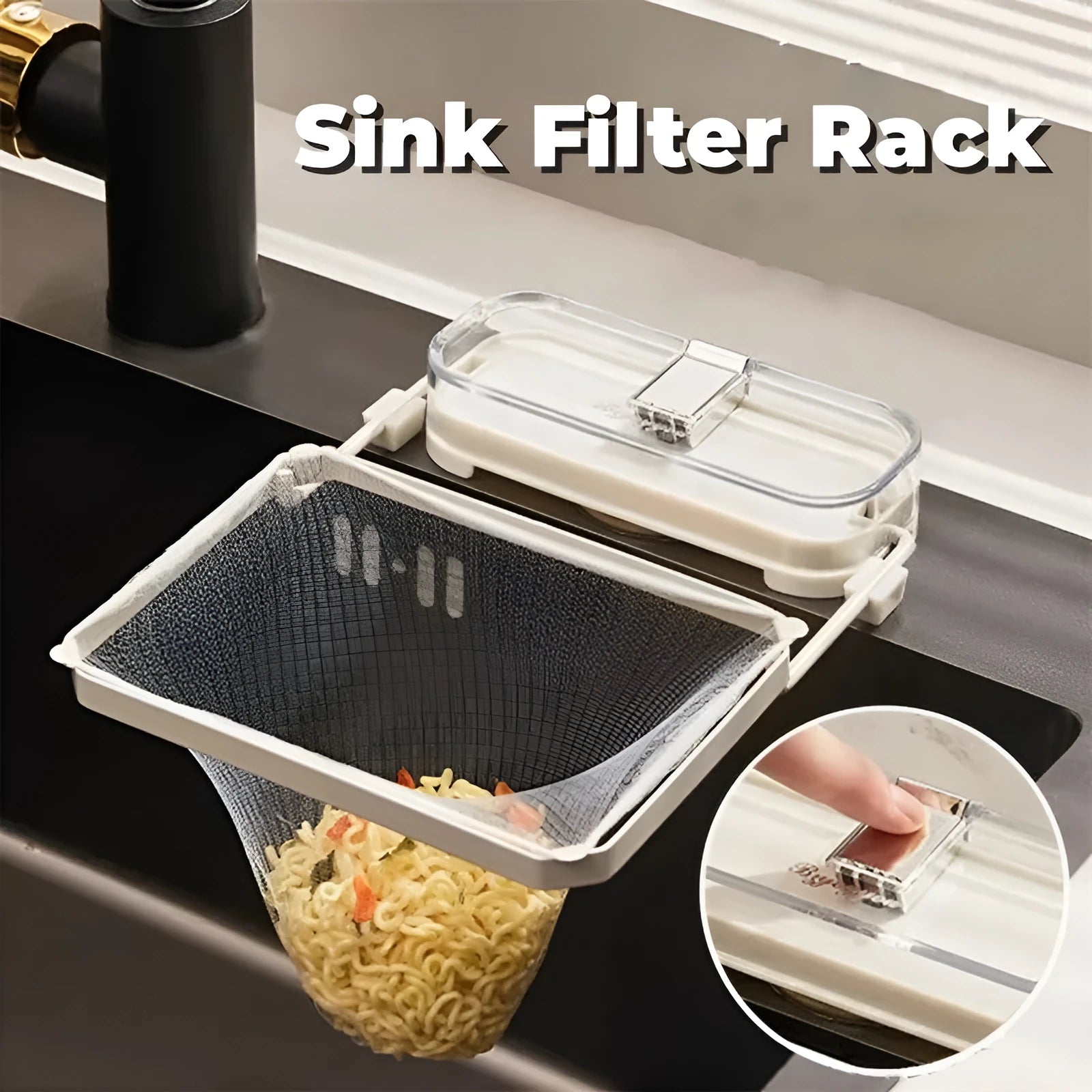 Dark green gold kitchen sink filter rack with suction cups and fine mesh for food waste collection