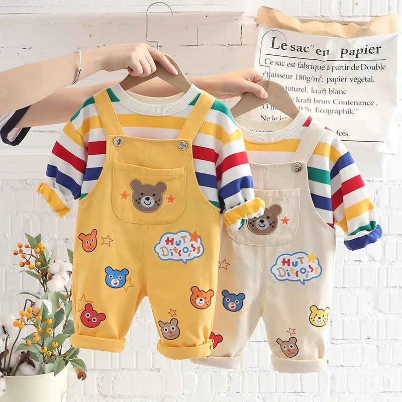 Yellow cotton plaid boys overalls suit with shirt and strap pants for child height 100cm