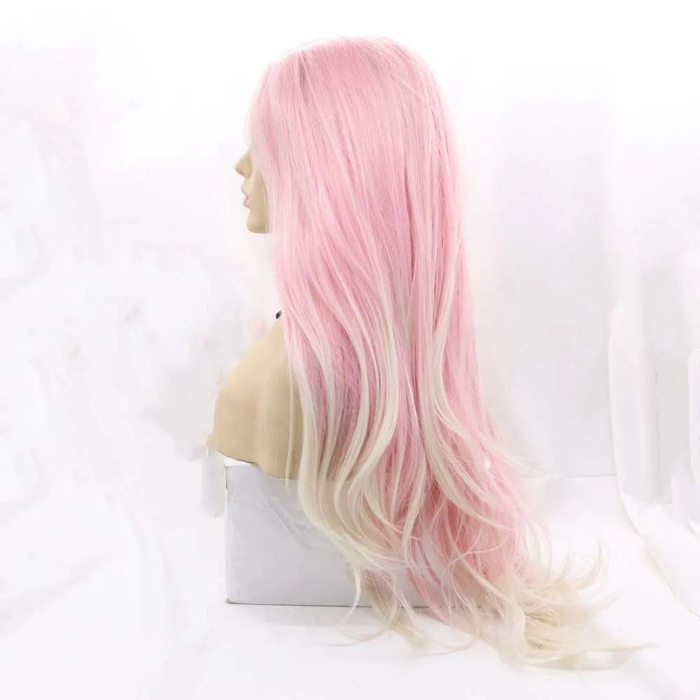 A pink gradient fashion wig with big, fluffy waves, made from high temperature wire.