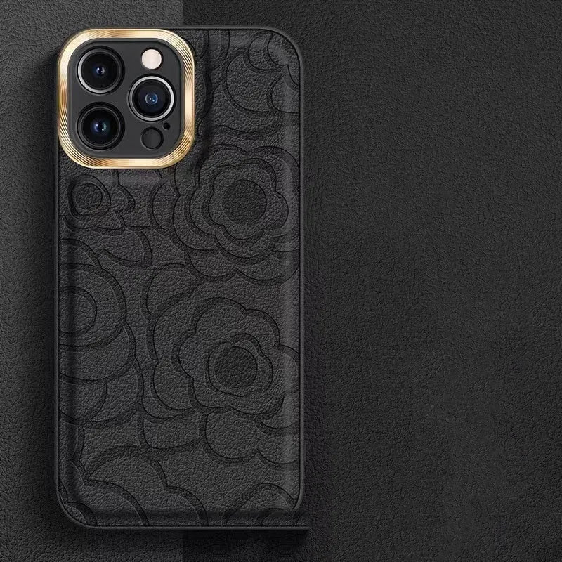 Camellia leather pattern iPhone case with soft edge and hard back in antique white
