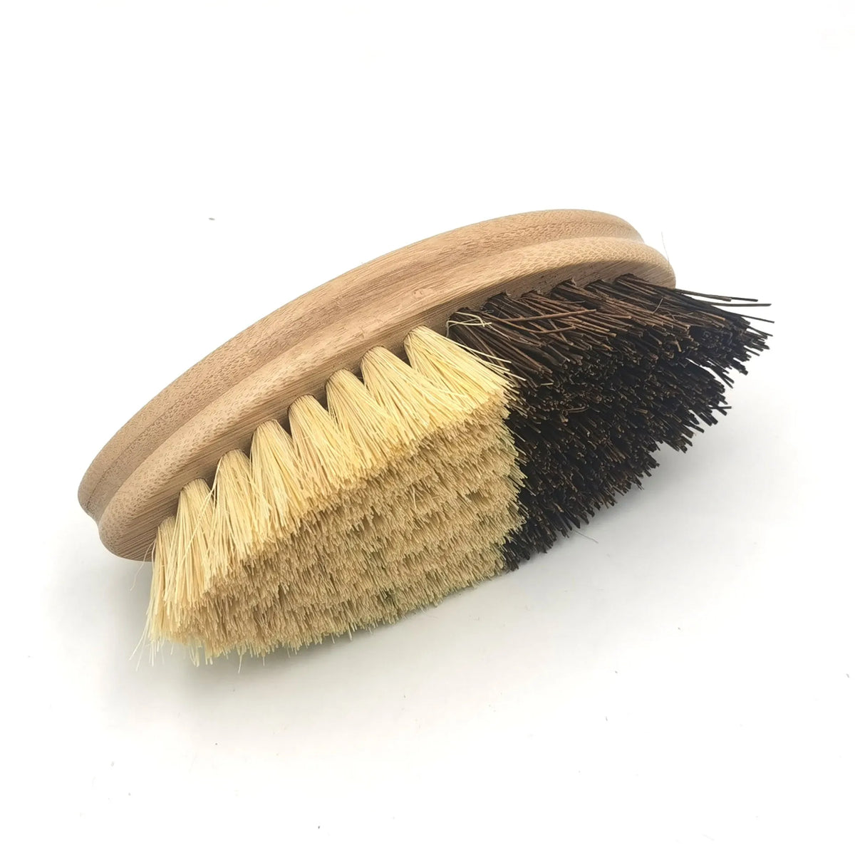 Bamboo vegetable brush with two-tone painted finish and oval shape for cleaning fruit and vegetables