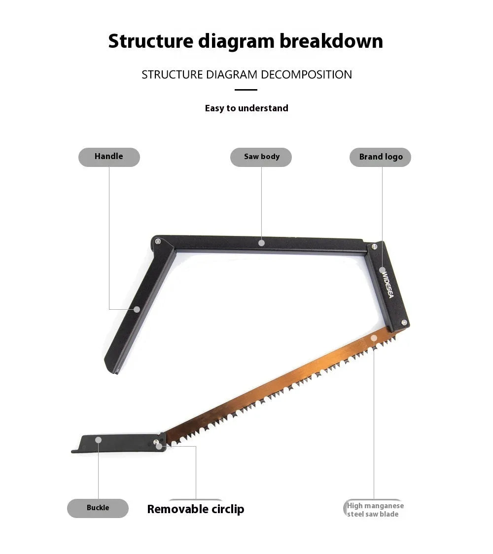 Black foldable outdoor saw with aluminium frame and nylon handle, blade folded for storage.