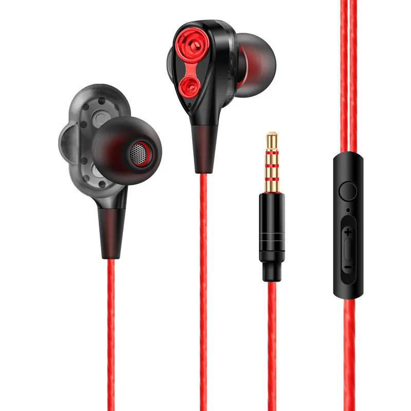 Red quad core dual dynamic metal subwoofer in-ear headphones with 3.5mm plug, microphone and 1.2m cable