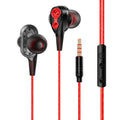 Red quad core dual dynamic metal subwoofer in-ear headphones with 3.5mm plug, microphone and 1.2m cable