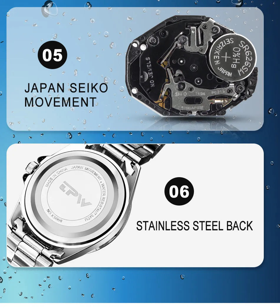 Steel belt black plate universal quartz watch with 40mm dial, 8mm alloy case, night glow hands, and stainless steel horseshoe buckle.