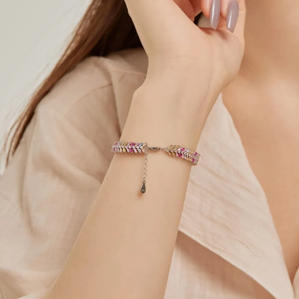 S925 sterling silver women's bracelet with geometric round and ring elements, platinum finish, 16-18cm length options