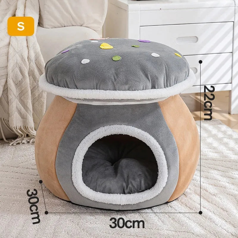 Grey mushroom-shaped plush cat bed with a detachable blanket and rabbit plush lining