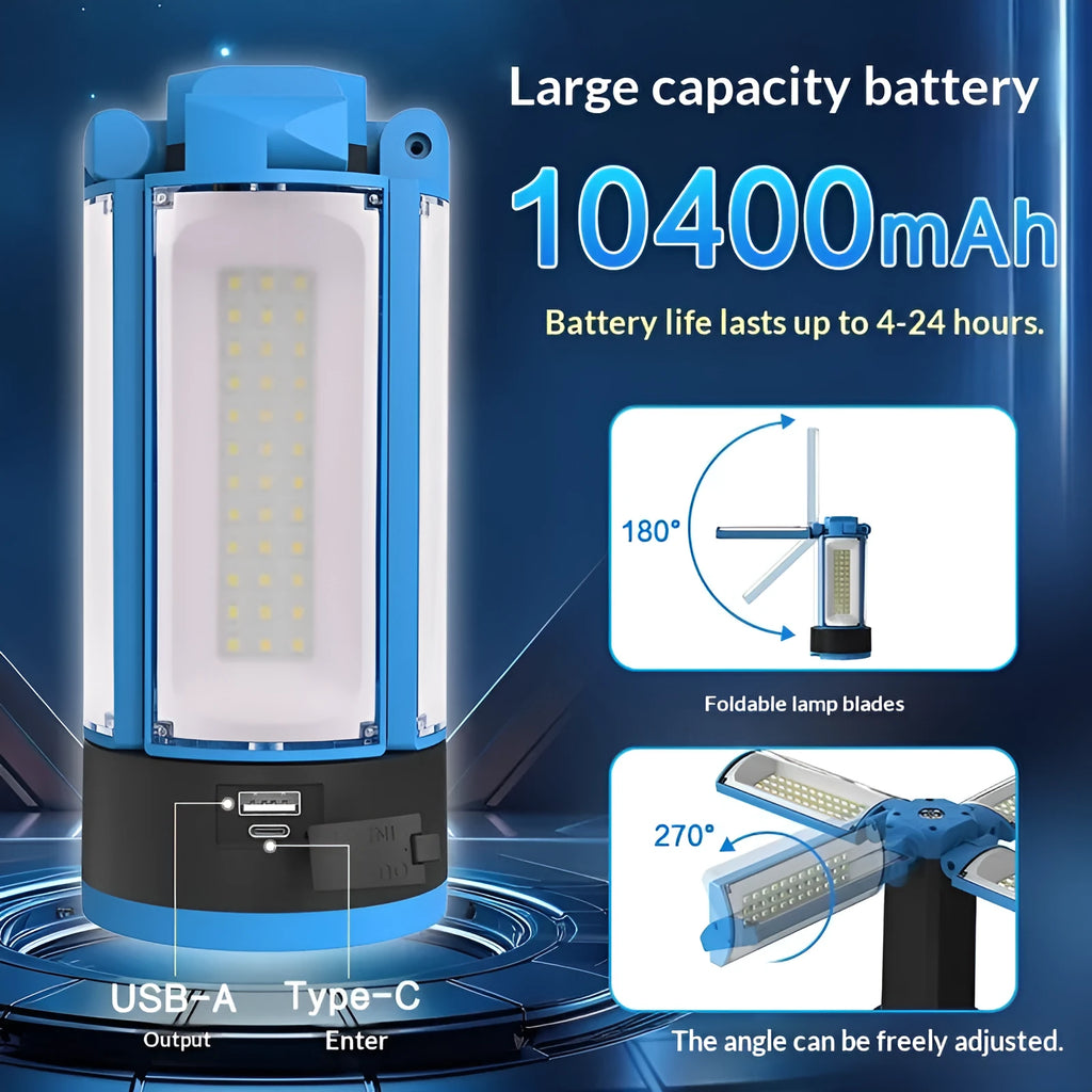 Blue outdoor multi-function LED work light with four-leaf fold design, folding bracket, and storage bag