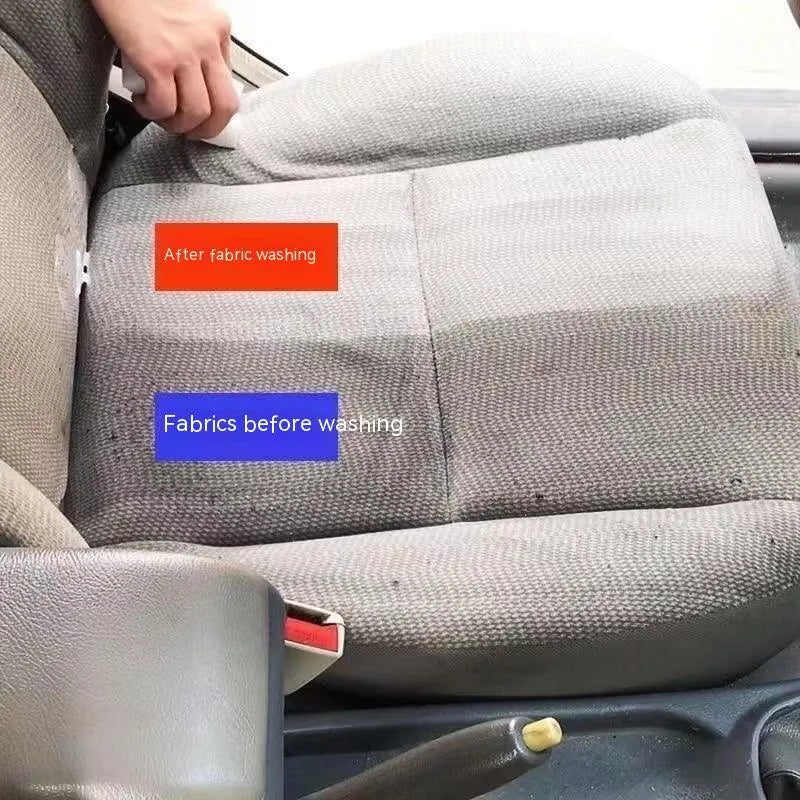Wash-free fabric roof foam decontamination cleaner bottle with towel and sponge wipes for car interior cleaning.