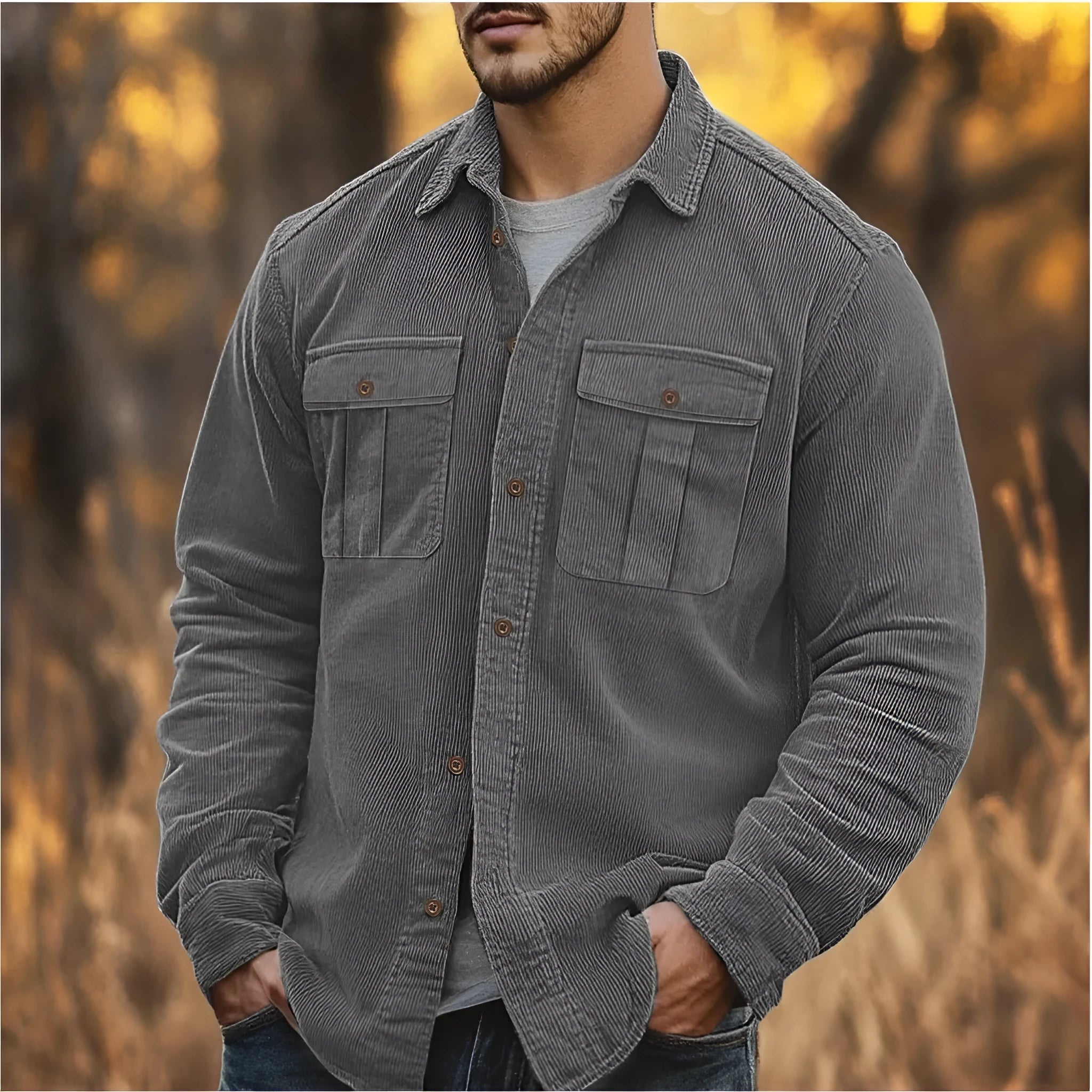 Men's loose corduroy shirt in Japanese retro style with long sleeves