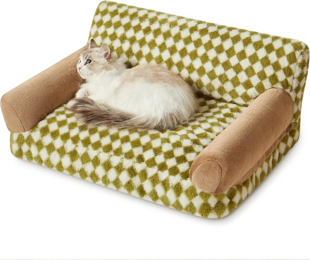 Grey checkered pet sofa bed for cats and small dogs with a washable cover on a wooden floor.
