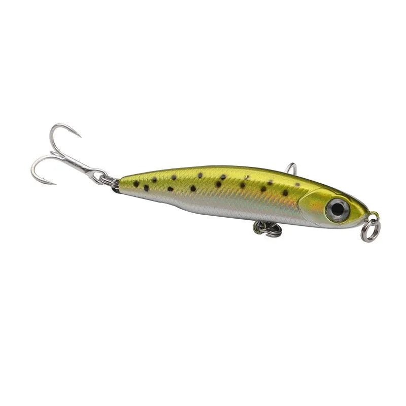 Small silver fish pencil bait lure set with double hooks, five pieces and box, 3.5g to 13g