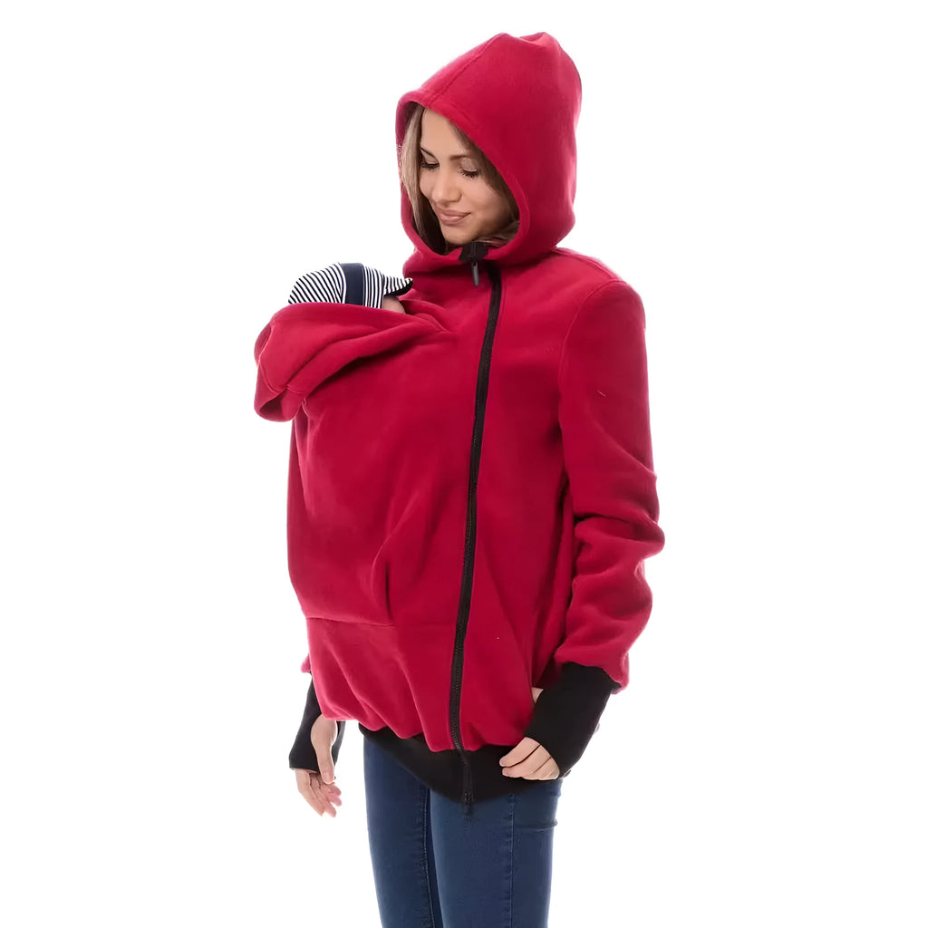 Red loose fit women's polar fleece sweater with long sleeves for autumn and winter wear.