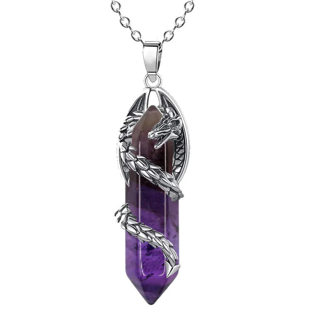 Fashion crystal flying dragon pendant necklace in amethyst colour with polished finish on a chain