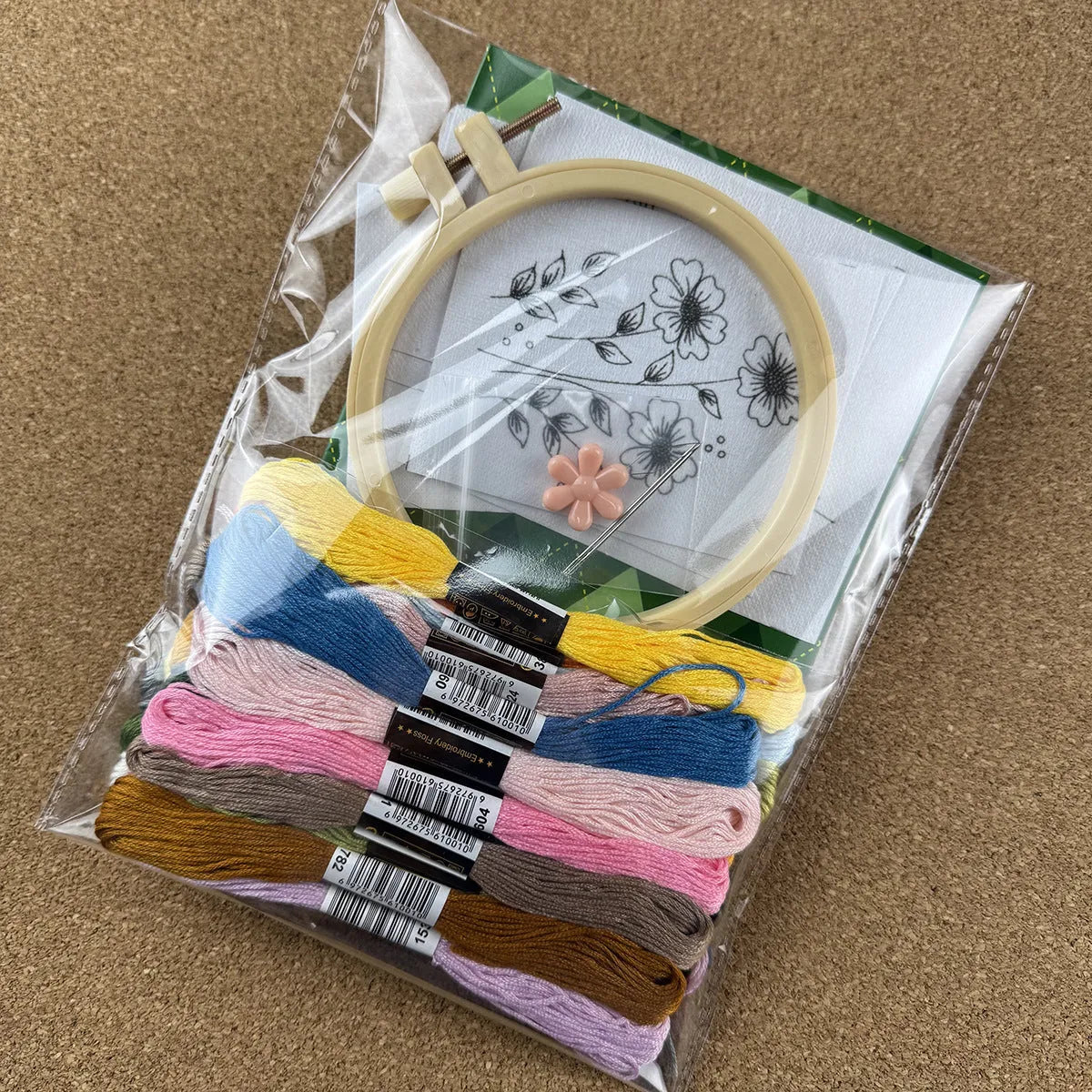 Handmade embroidery material package with water-soluble non-woven fabric, Nordic style pattern, compact packing size 18.5x23x2 cm