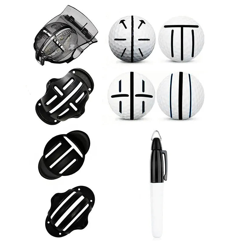 Golf ball alignment tool with four scriber pins and a drawing pen on a green.