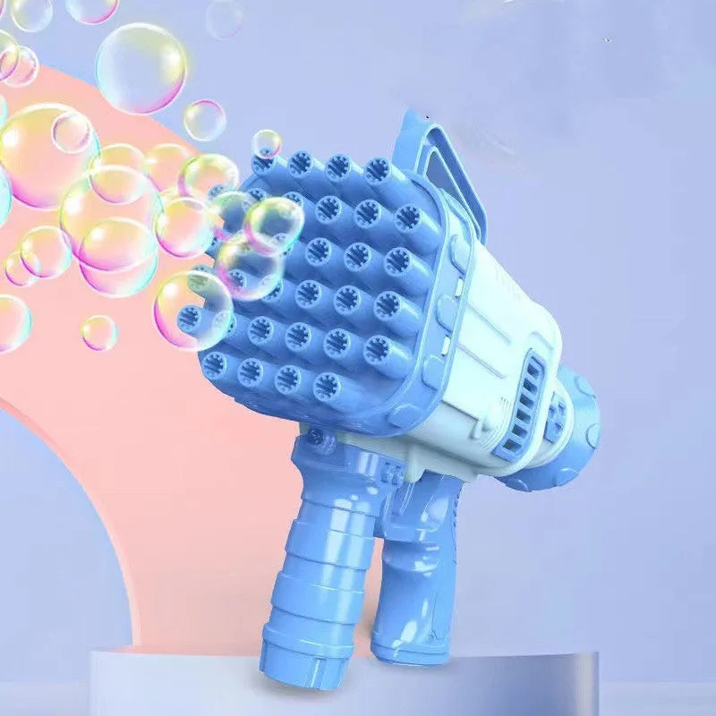 Children's electric bubble gatling gun toy with 32-hole barrel and LED lights in cherry pink colour.