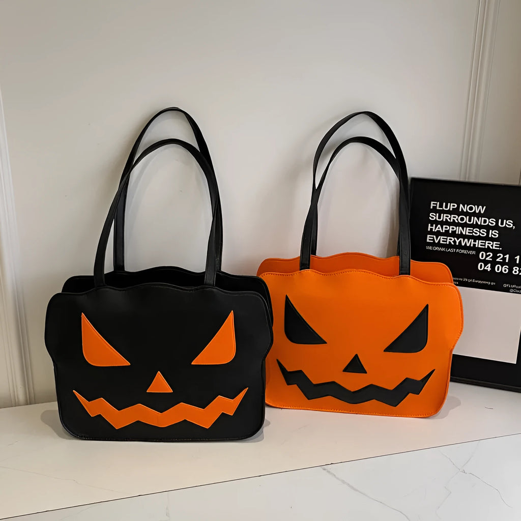 Women's fashion Halloween pumpkin shoulder messenger bag in PU leather, black and orange options