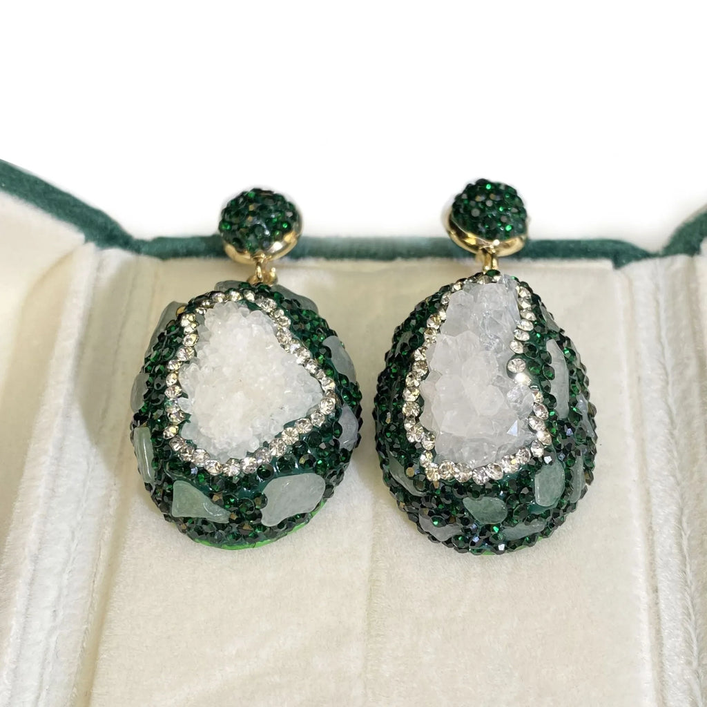 Pair of dark green geometric copper crystal bud inlaid emerald earrings