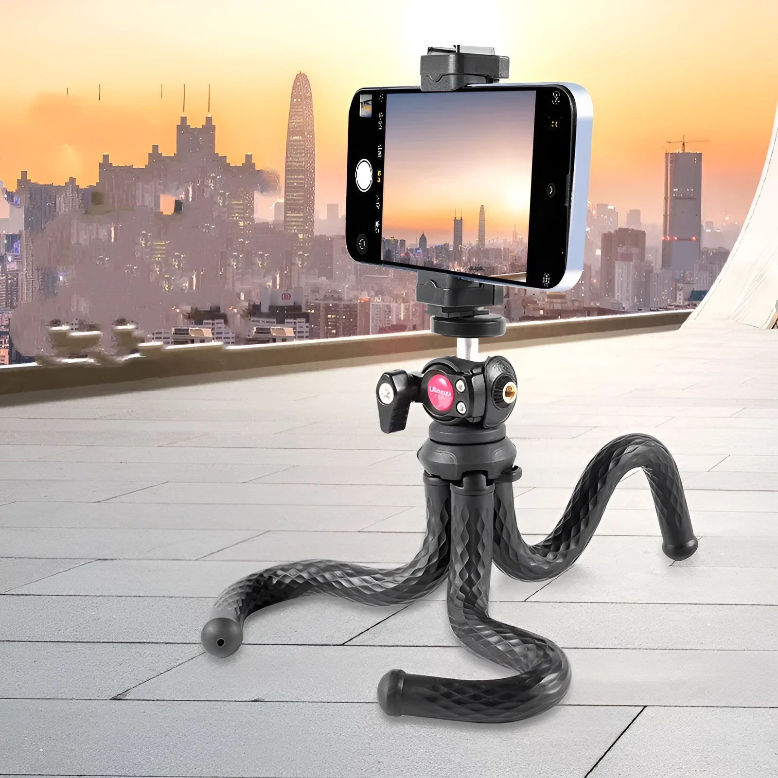 Black octopus-style flexible leg tripod with mobile phone clip attached, FT-01 model extended to 360mm