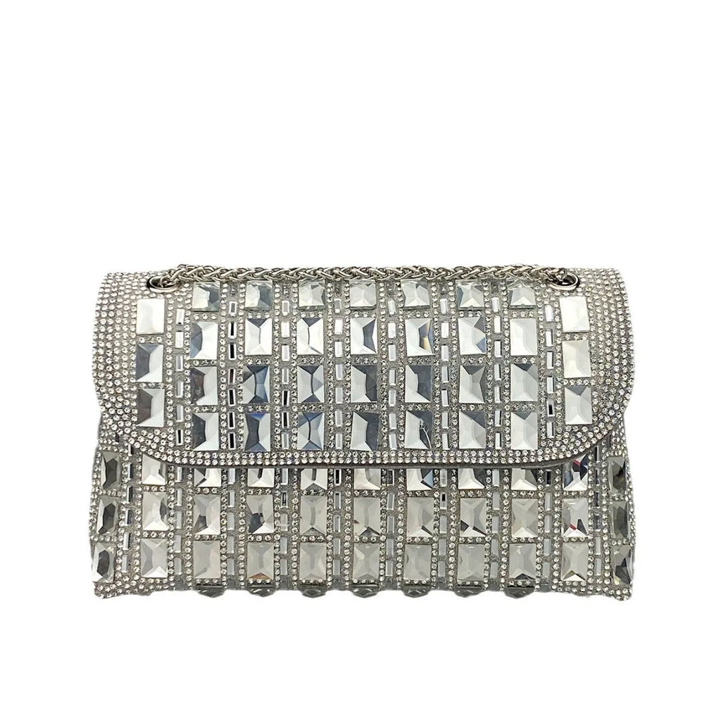 Glass rhinestone chain clutch handbag in horizontal square shape with retro styling and chain strap