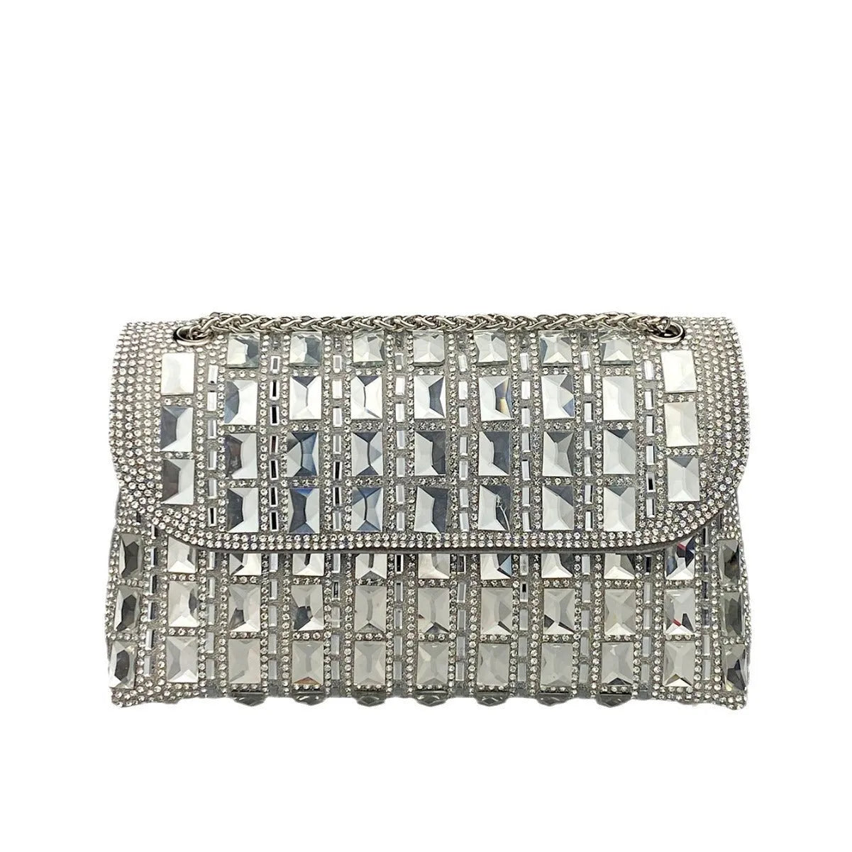 Glass rhinestone chain clutch handbag in horizontal square shape with retro styling and chain strap
