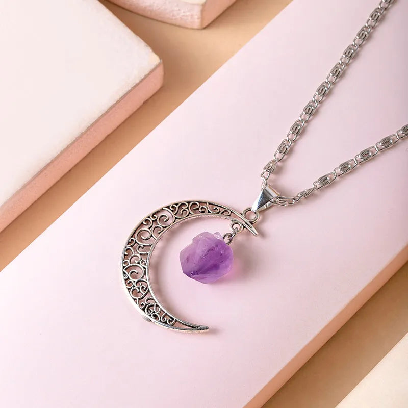 Vintage purple natural stone moon pendant necklace on Figaro chain, silver tone, women's jewellery