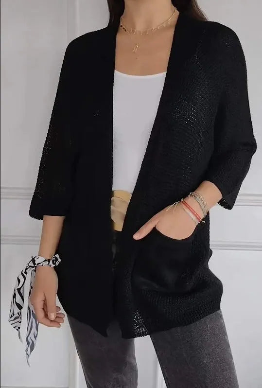 Women's thin waffle knit cardigan coat with nine-quarter sleeves in army green.