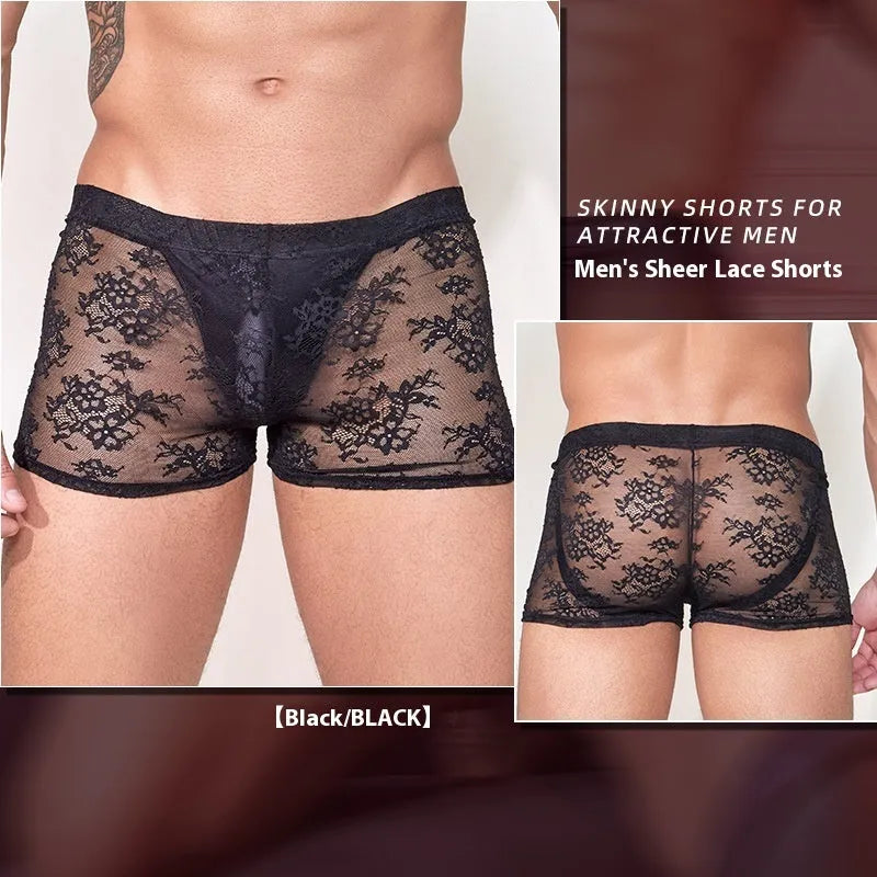 Men's nylon lace boxers in black, red, and white colours, showing textured fabric and free size fit.