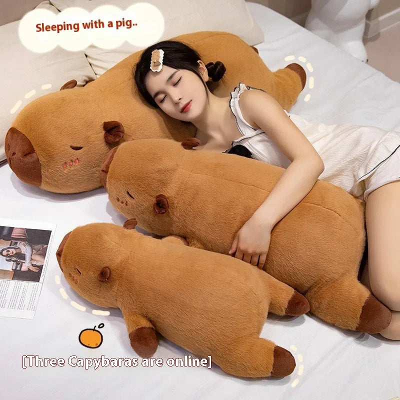 Brown lying style capybara plush toy made of short plush with PP cotton filling, available in 60cm, 80cm, and 1m sizes.