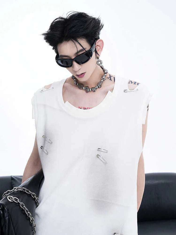 Men's black ripped cut vest waistcoat with irregular design and round neck collar