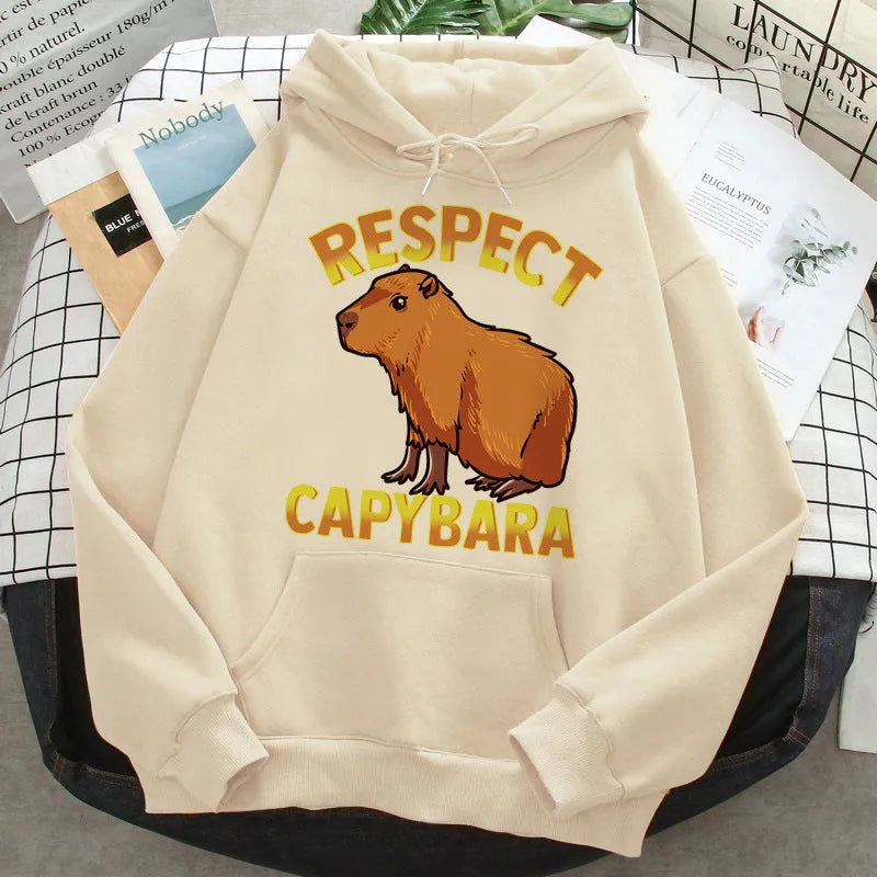 Grey capybara hoodie for women Korean hip hop anime harajuku casual pullover with hood and side pockets on model