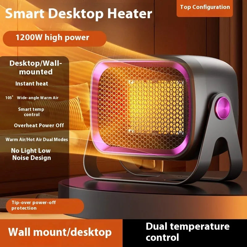 A compact grey desktop ceramic electric heater with a rotatable base on a wooden desk.
